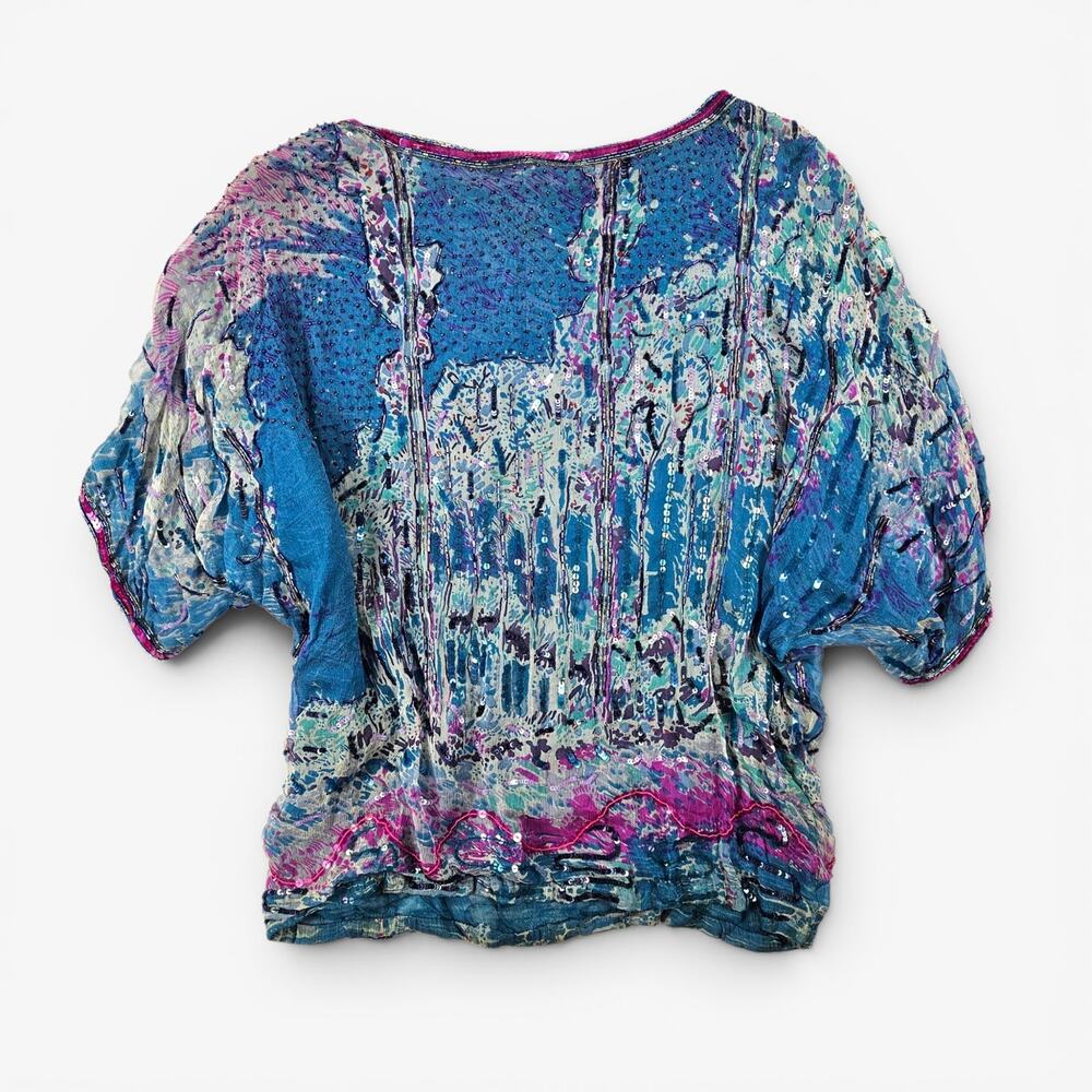 Vintage Silk Fairycore Top Beaded Sequin Batwing Boho - Small - Picture 3 of 7